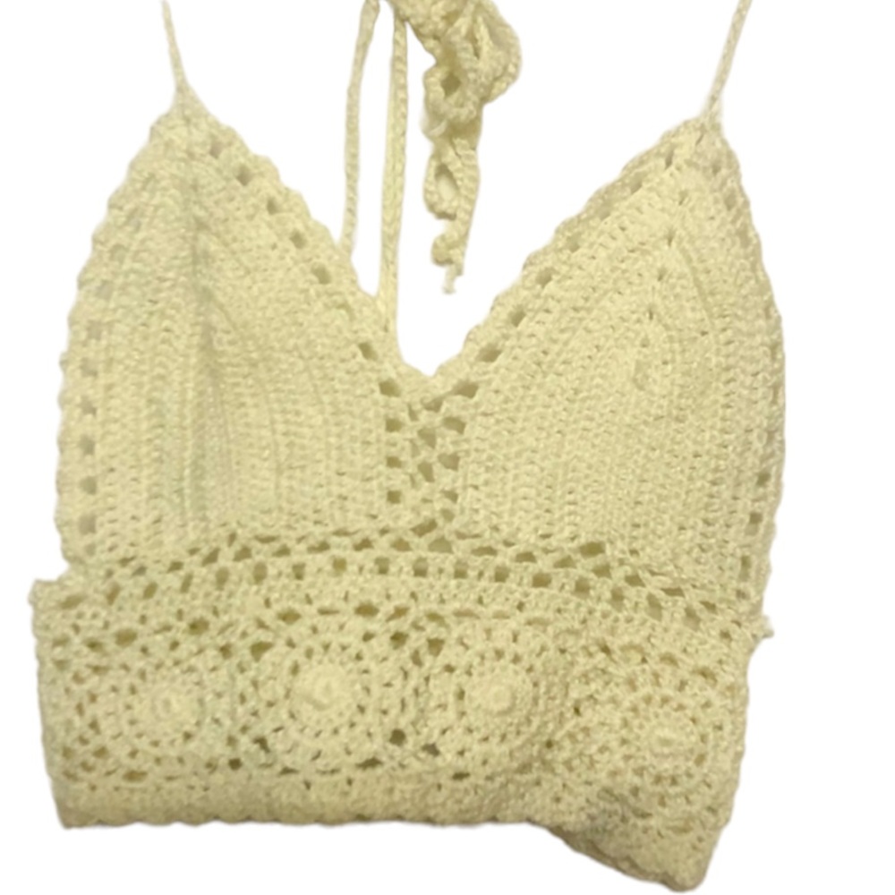 🌞 Custom Homemade off white crochet knit halter top girl M